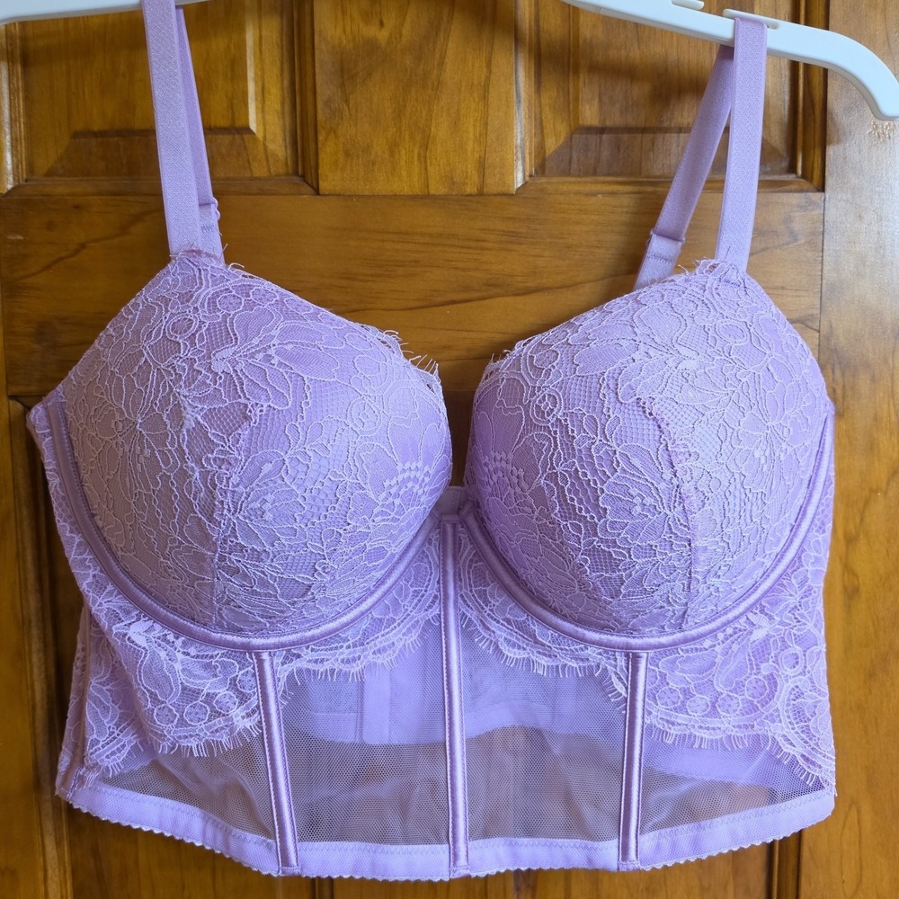 Unbranded Small Bustier Bra Women Lilac Purple Floral Lace Underwire Longline